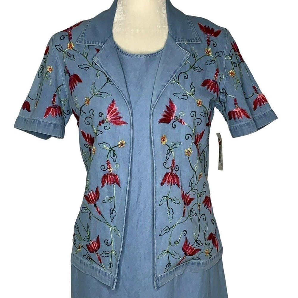 Vintage Sarah Elizabeth Dress Jacket Set 6P Denim Chambray Floral Embroidery